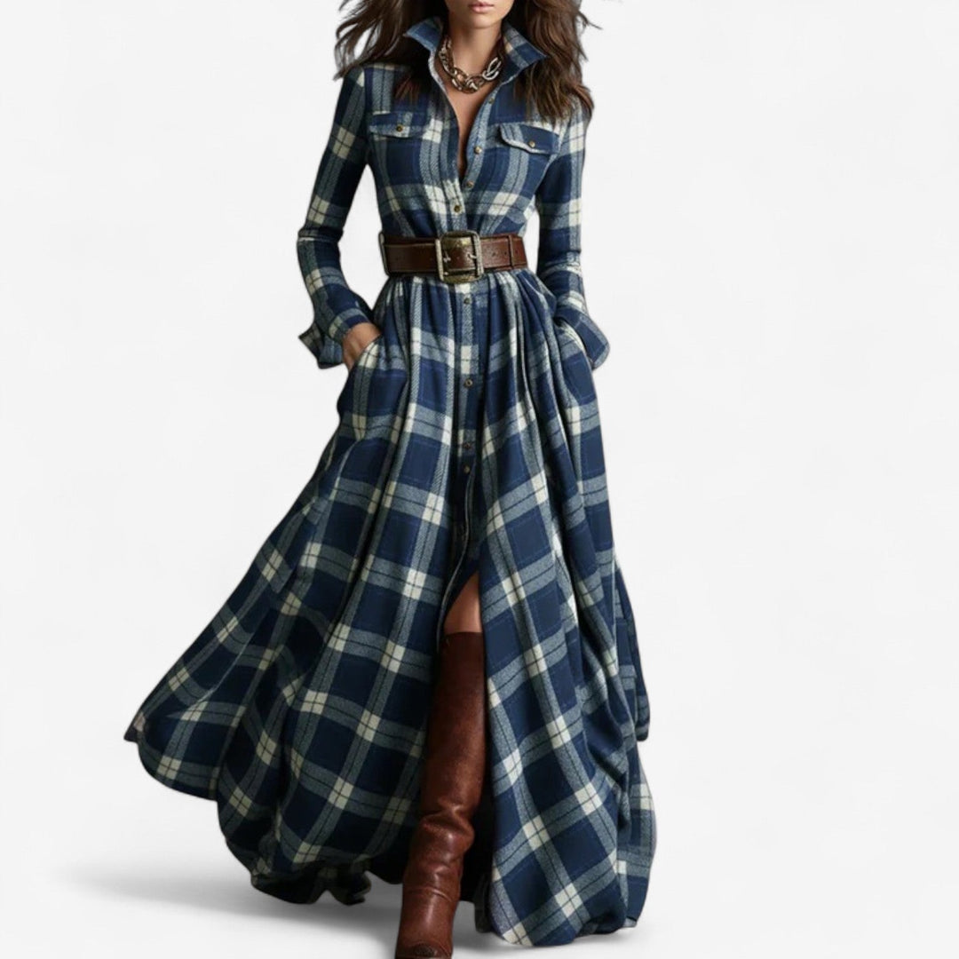 Barboteau Maxi im zeitlosen Karomuster Kleid für Damen mit langen Ärmeln