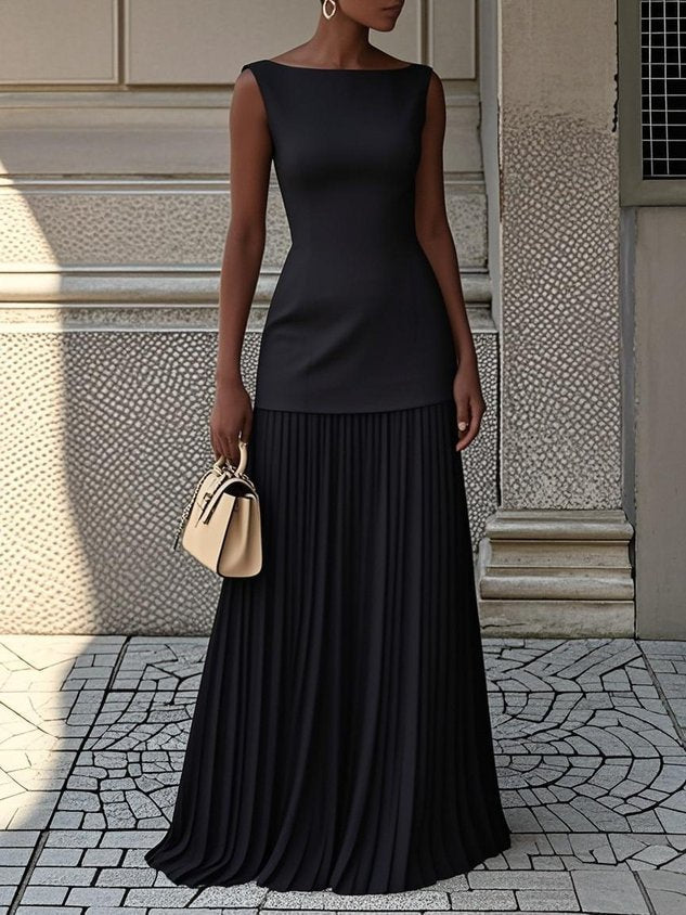 Celeste | Plissiertes Maxikleid für Damen mit Rundhalsausschnitt