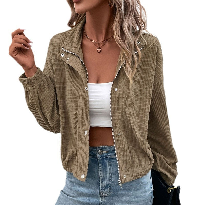Damen Cropped Jacke mit Stehkragen und Reißverschluss