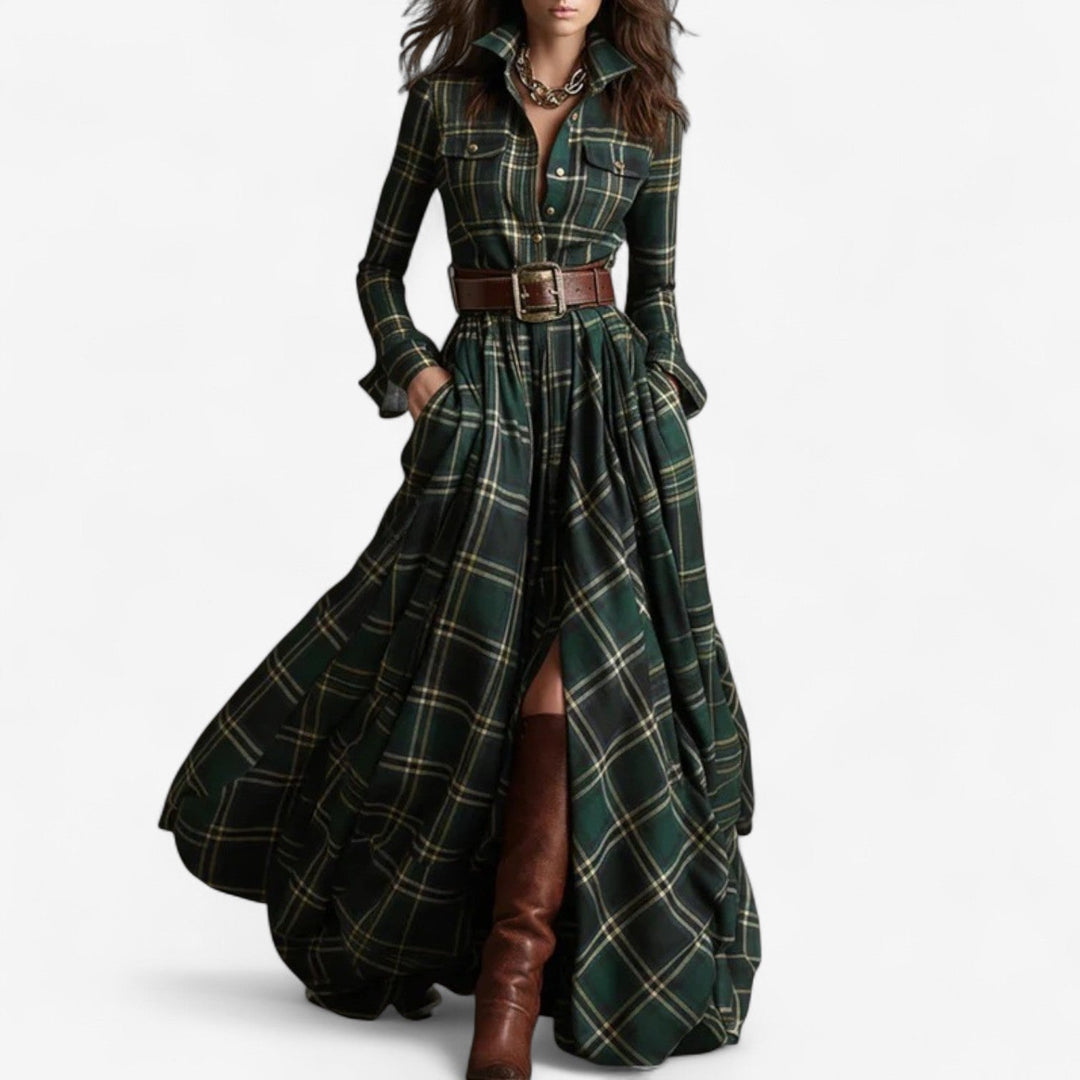 Barboteau Maxi im zeitlosen Karomuster Kleid für Damen mit langen Ärmeln