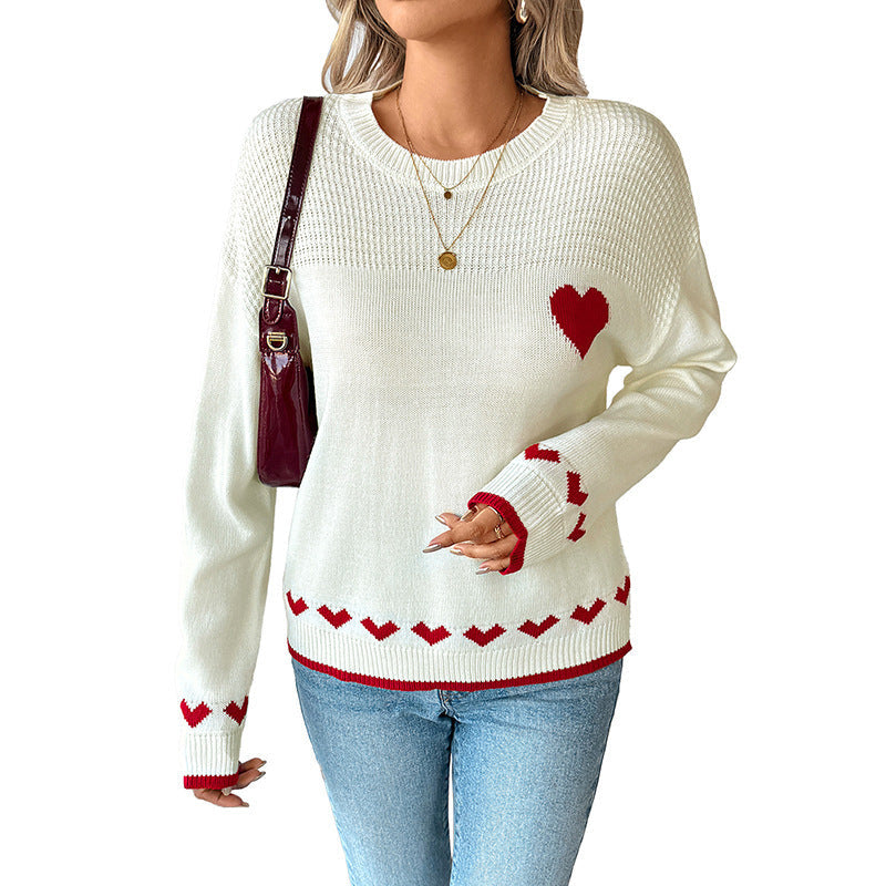 Damen Pullover mit Herzintarsien und gerippten Bündchen