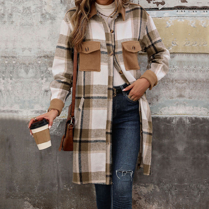 Damen Langarm-Hemdjacke mit Karomuster, Taschen und Knöpfen