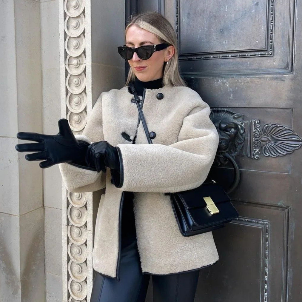 Damen Rundhalsjacke Cropped mit Taschen