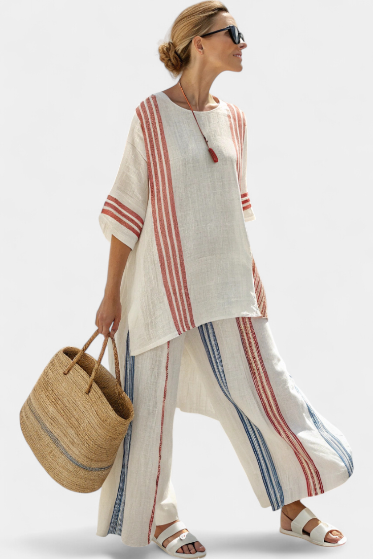 Ludovica | schickes, mehrfarbiges gestreiftes Top und mediterrane Hosen