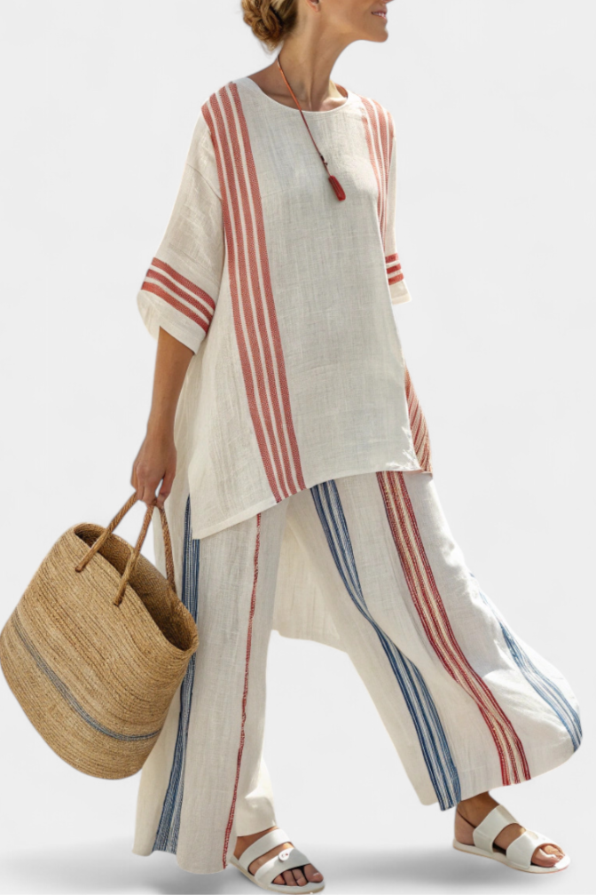 Ludovica | schickes, mehrfarbiges gestreiftes Top und mediterrane Hosen