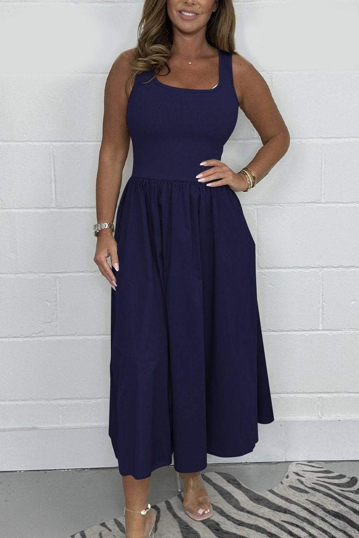 Stylisches ärmelloses A-Linien-Midikleid für Damen mit quadratischem Ausschnitt