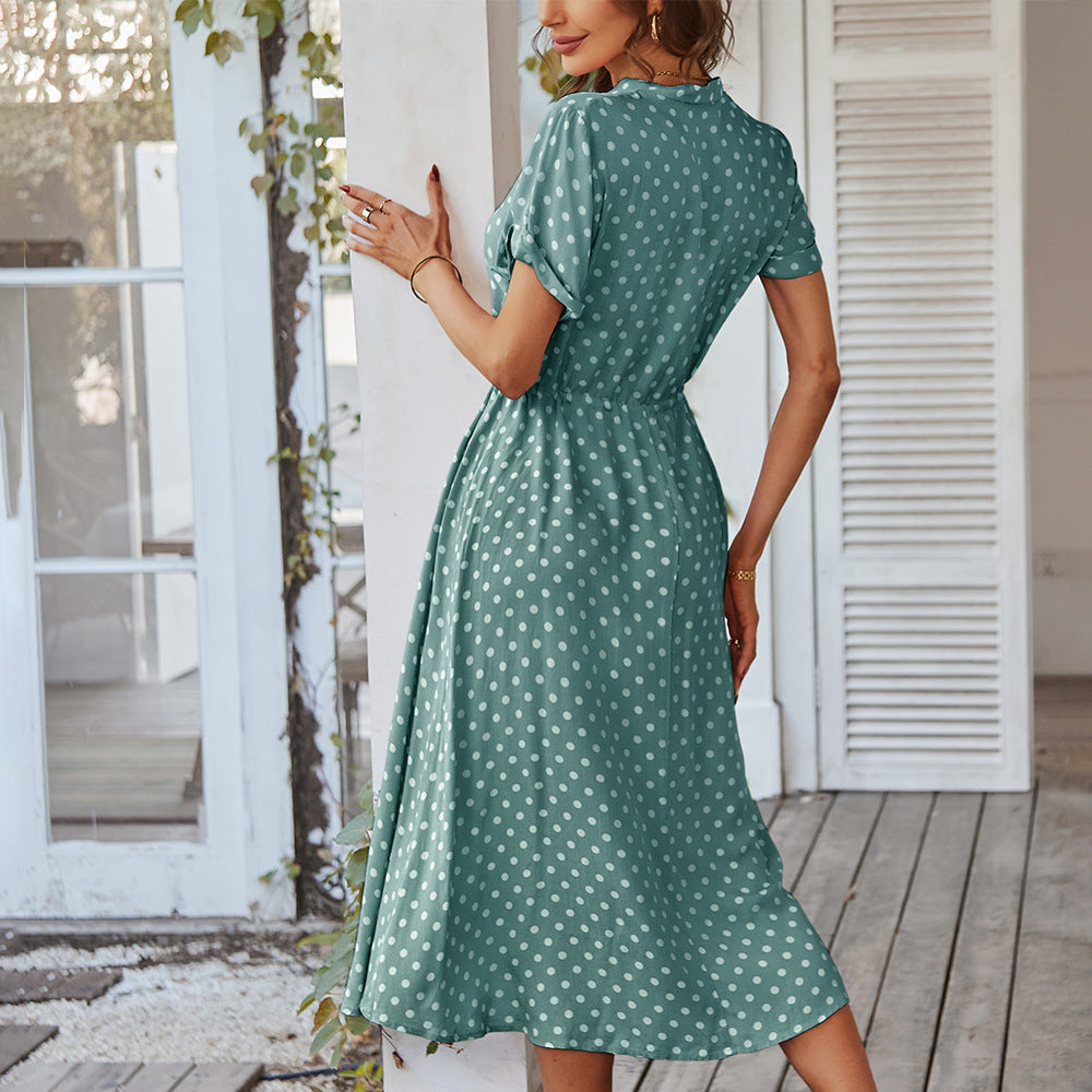 Damen Midikleid mit Punktemuster, Knöpfen und Bindegürtel