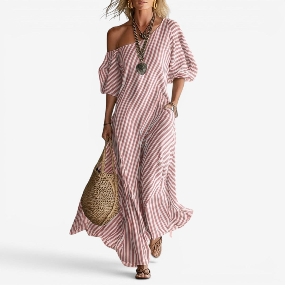 Sofia | Damen Streifen-Maxikleid mit Off-Shoulder-Ausschnitt