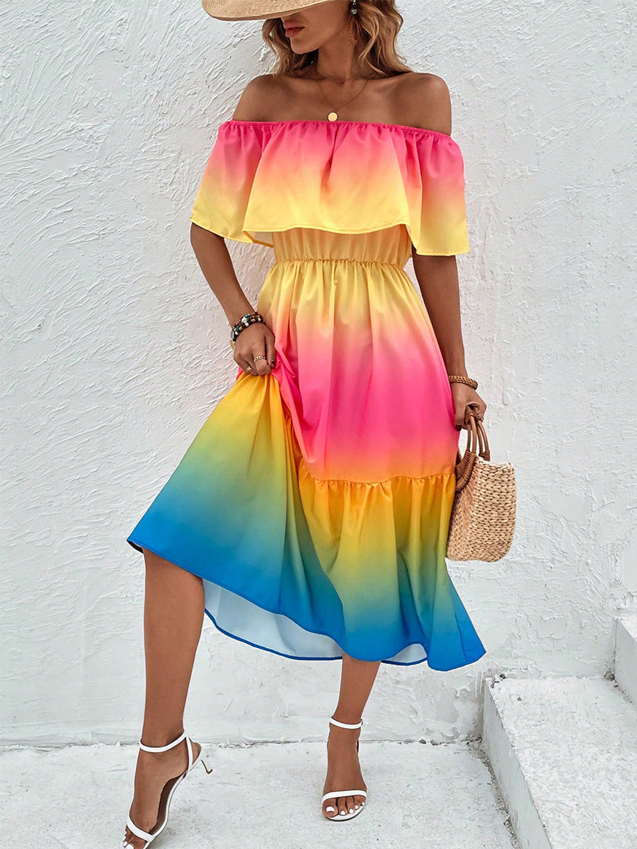 Damen Midikleid mit Off-Shoulder-Ausschnitt und Rüsche