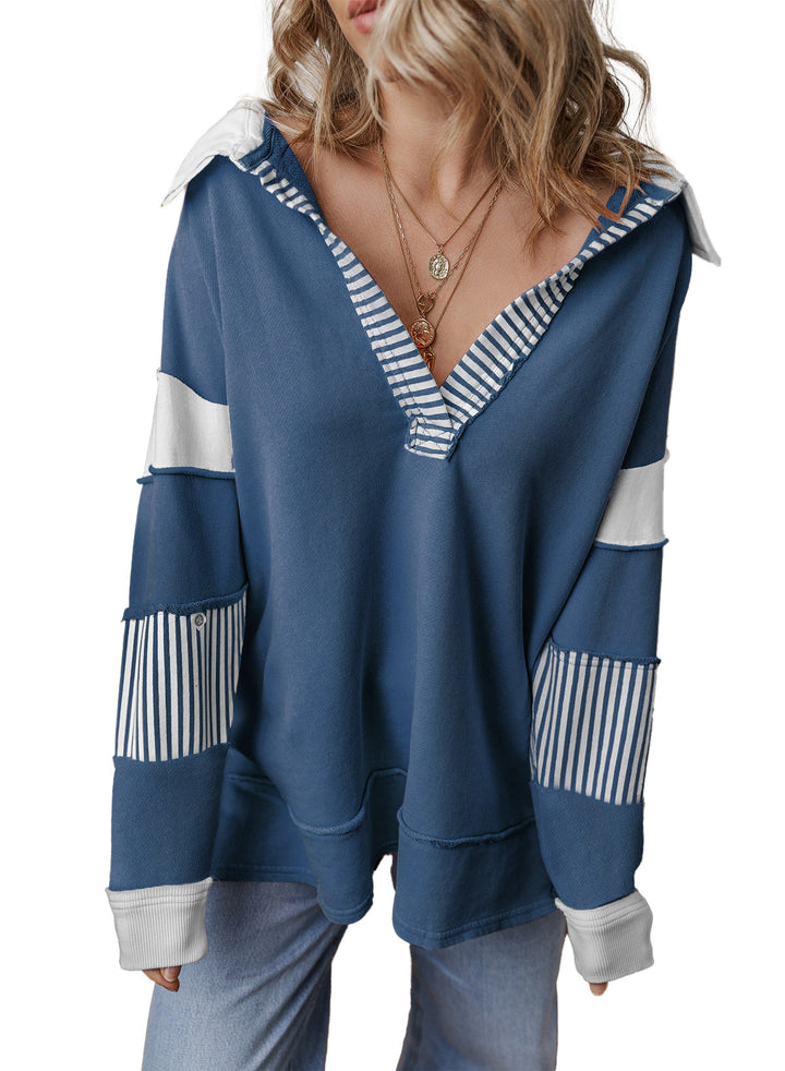 Damen Pullover Oversized mit V-Ausschnitt und Streifen