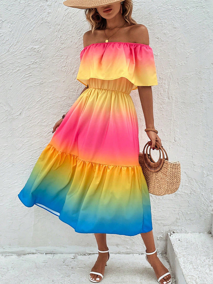 Damen Midikleid mit Off-Shoulder-Ausschnitt und Rüsche
