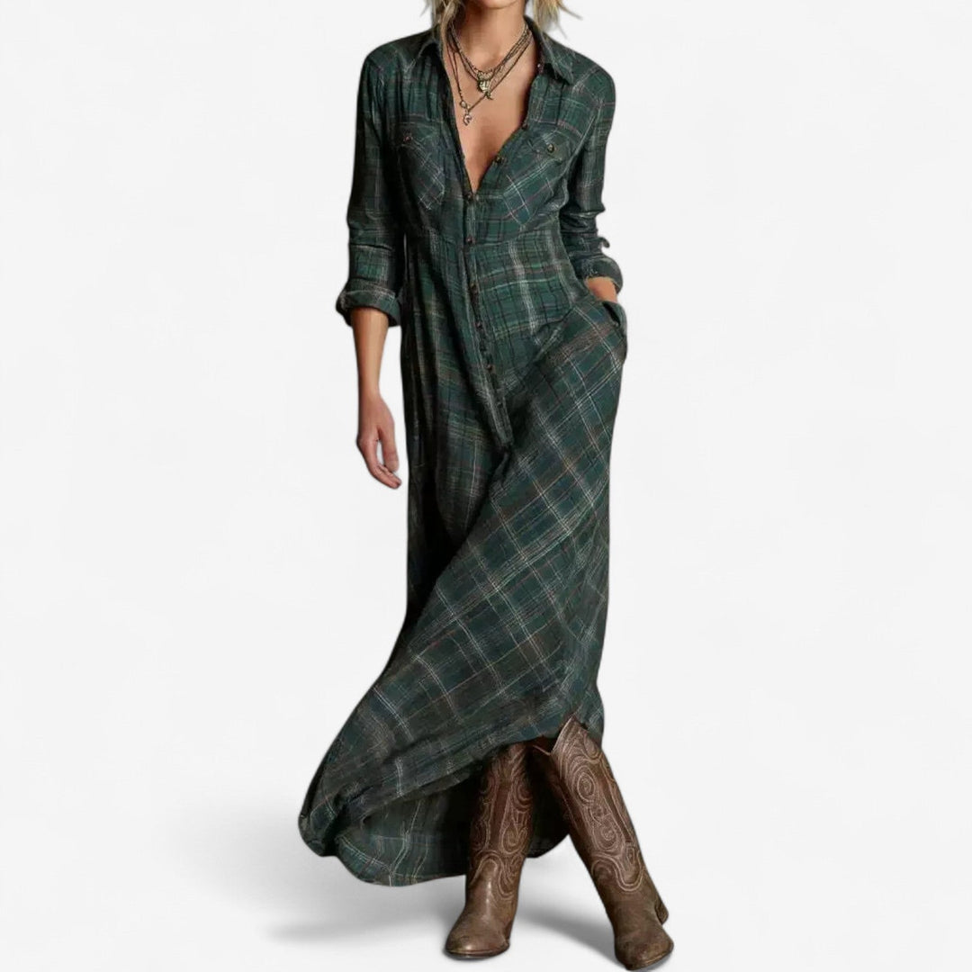 Cécile Maxi Chemise Zeitlos Kleid für Damen mit langen Ärmeln und Karomuster
