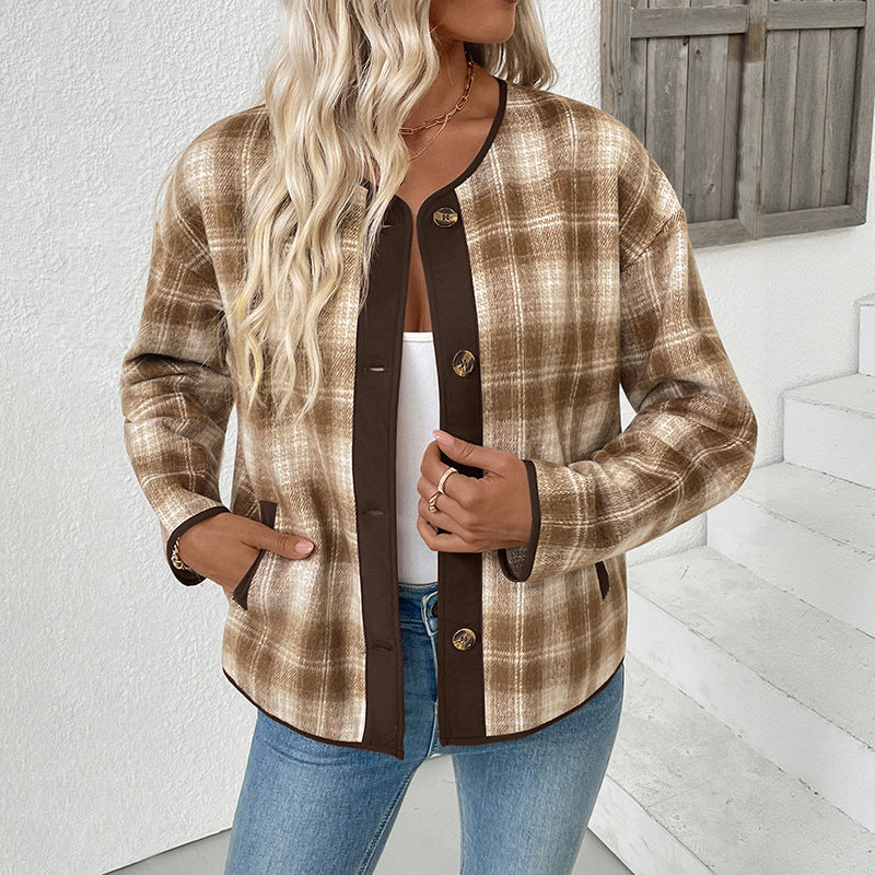 Damen Übergangsjacke mit Rundhalsausschnitt, Taschen und Karomuster