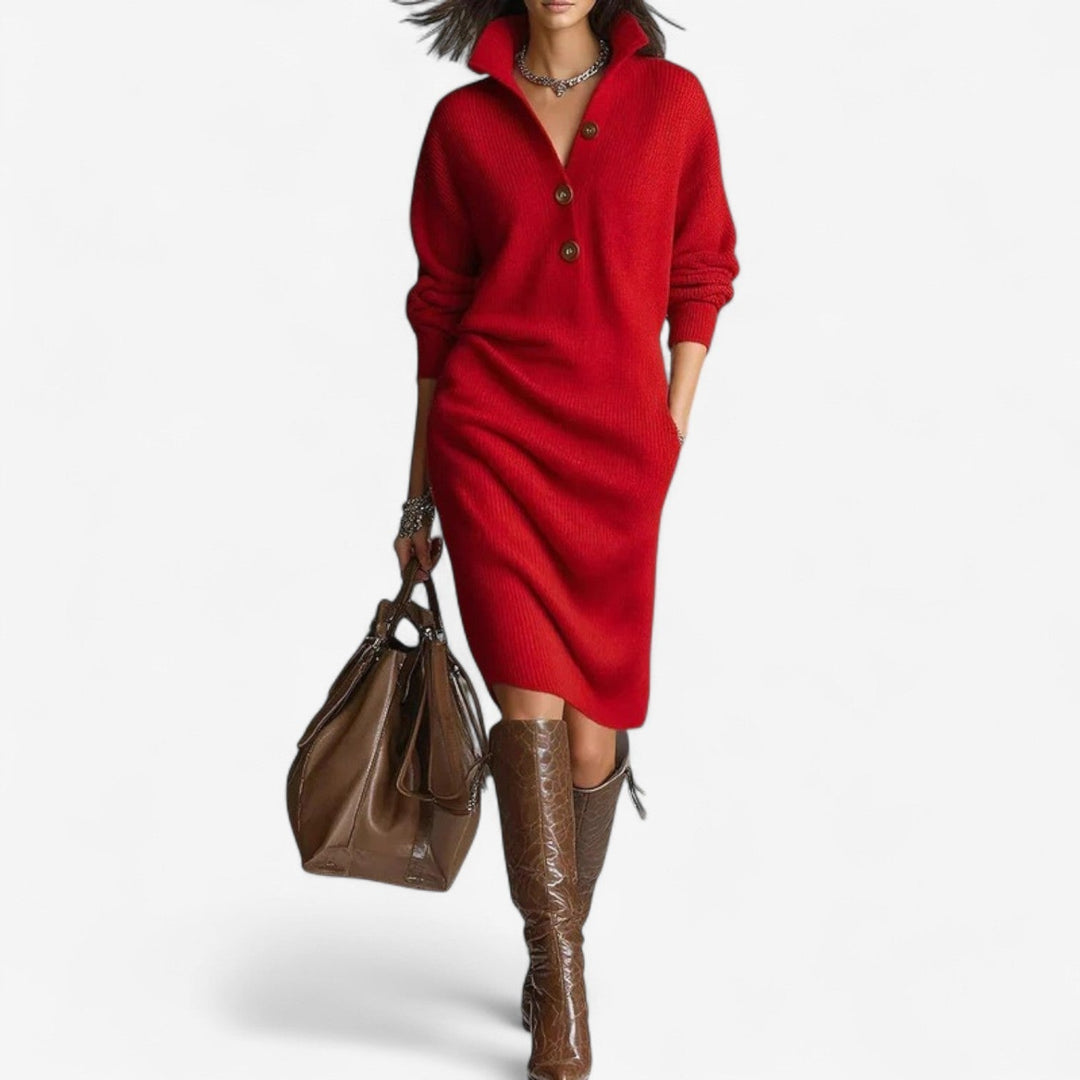 Suzy Lässiges Pulli-Midikleid für Damen mit V-Ausschnitt und langen Ärmeln