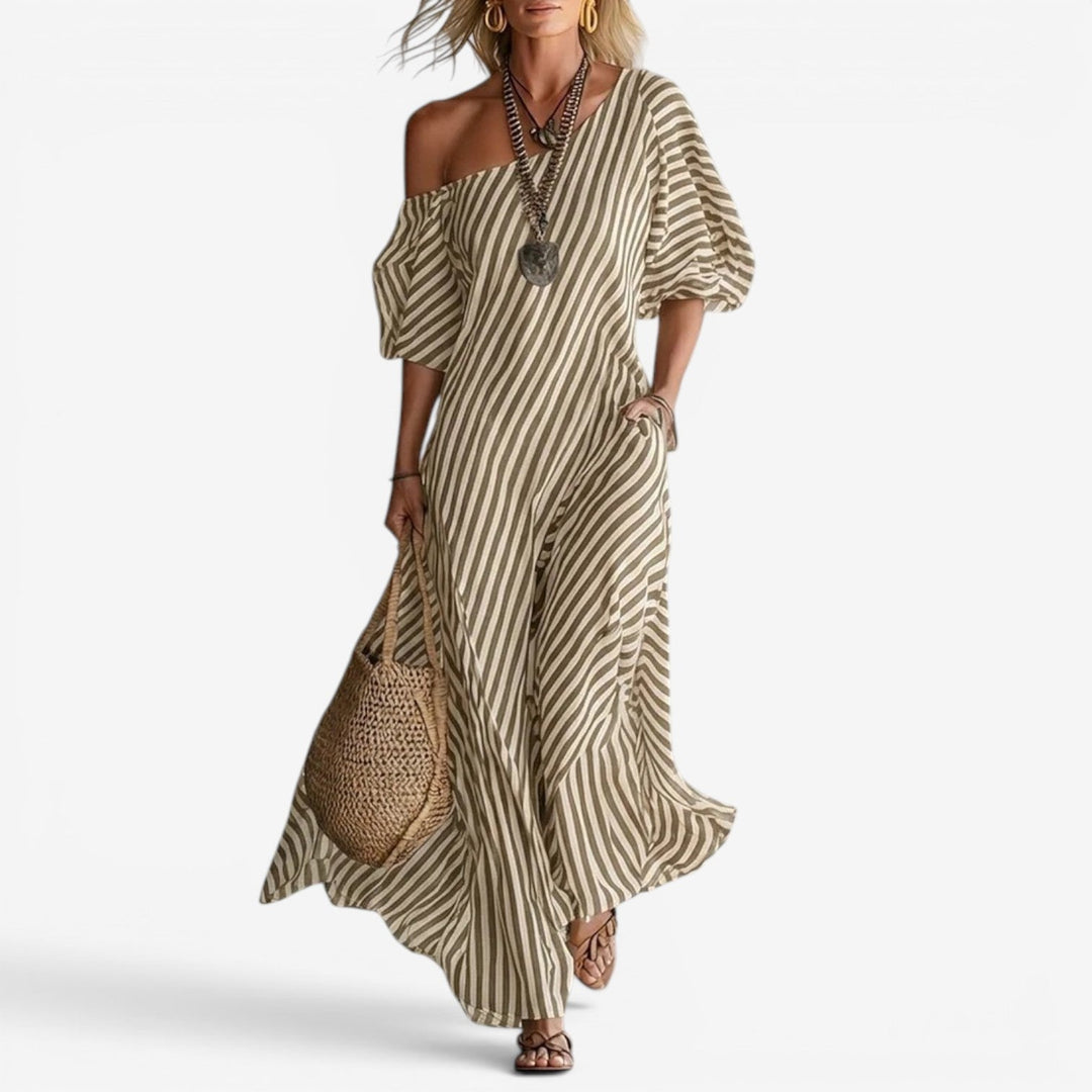 Sofia | Damen Streifen-Maxikleid mit Off-Shoulder-Ausschnitt