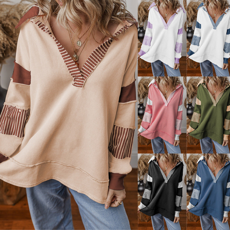 Damen Pullover Oversized mit V-Ausschnitt und Streifen