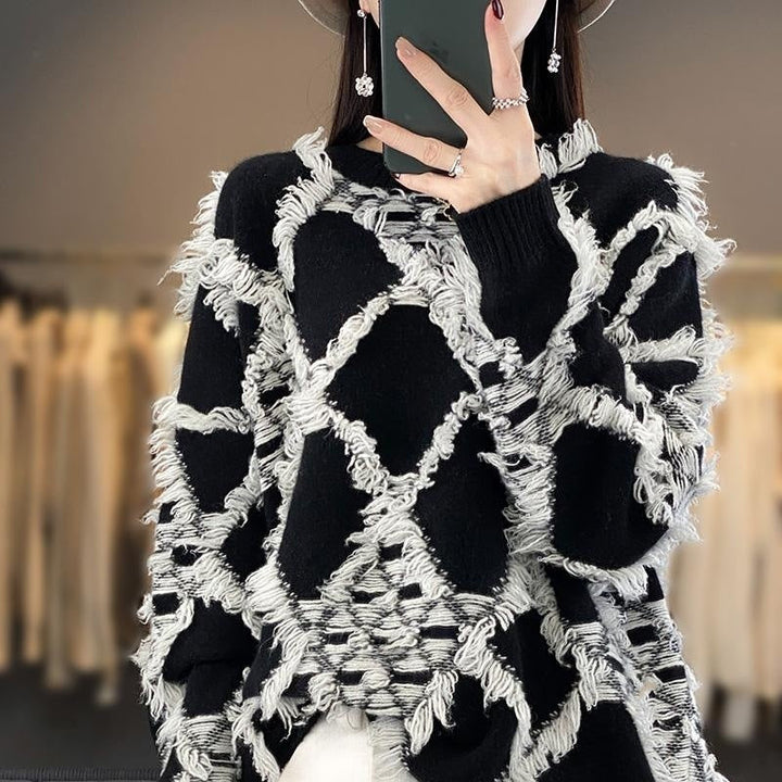 Damen Oversized Pullover mit Fransen und Rundhalsausschnitt