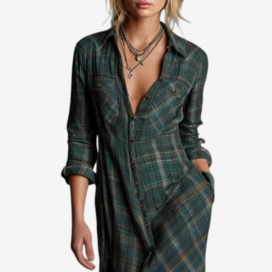 Cécile Maxi Chemise Zeitlos Kleid für Damen mit langen Ärmeln und Karomuster