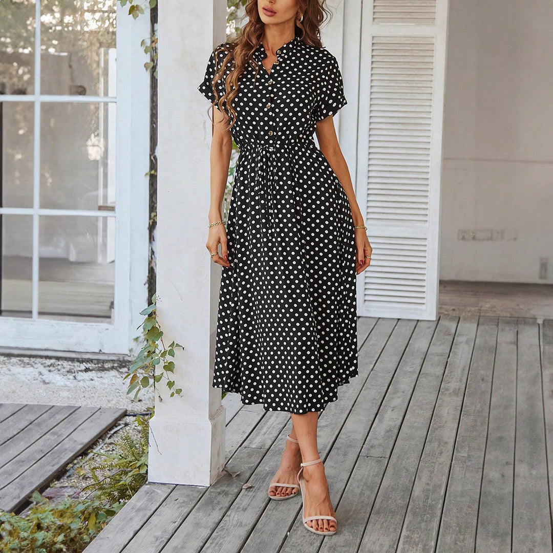 Damen Midikleid mit Punktemuster, Knöpfen und Bindegürtel