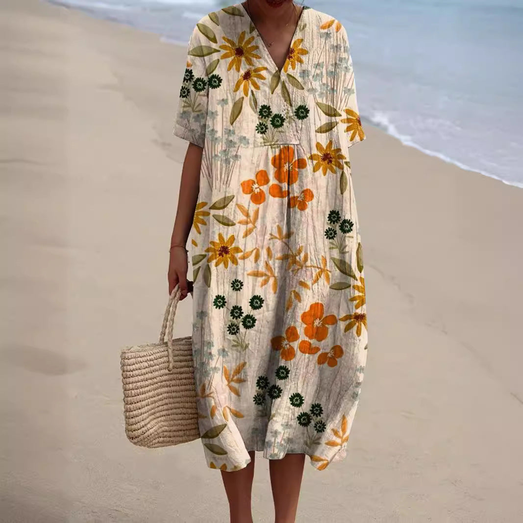 Lina | Damen Sommerkleid mit Blumenmuster und V-Ausschnit