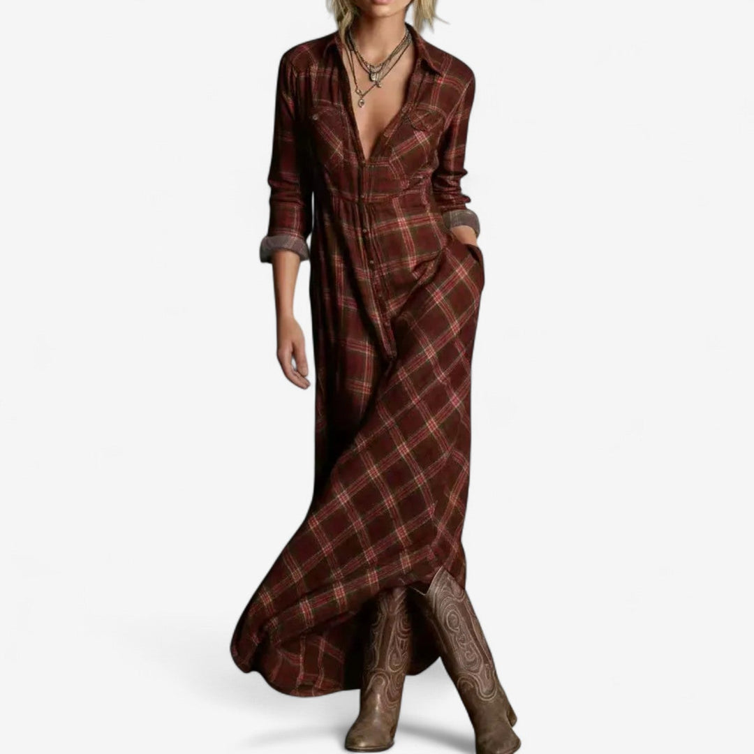 Cécile Maxi Chemise Zeitlos Kleid für Damen mit langen Ärmeln und Karomuster