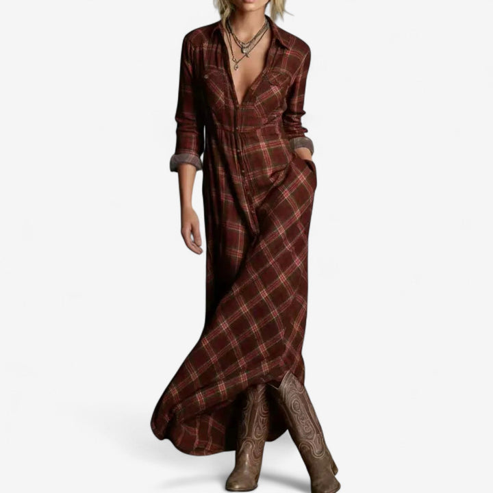 Cécile Maxi Chemise Zeitlos Kleid für Damen mit langen Ärmeln und Karomuster