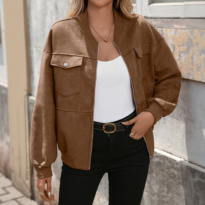 Damen Oversized Bomberjacke mit langen Ärmeln und Brusttaschen