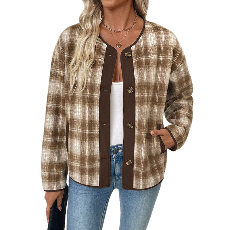 Damen Übergangsjacke mit Rundhalsausschnitt, Taschen und Karomuster