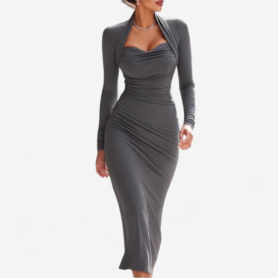 Raphaële Taillierte Lange Robe Kleid für Damen mit V-Ausschnitt und langen Ärmeln