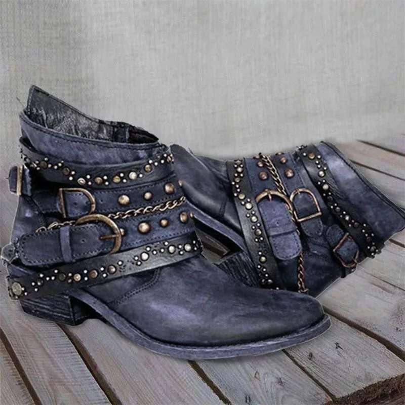 Damen Western Stiefel mit Schnallenriemen, Ketten und Blockabsatz