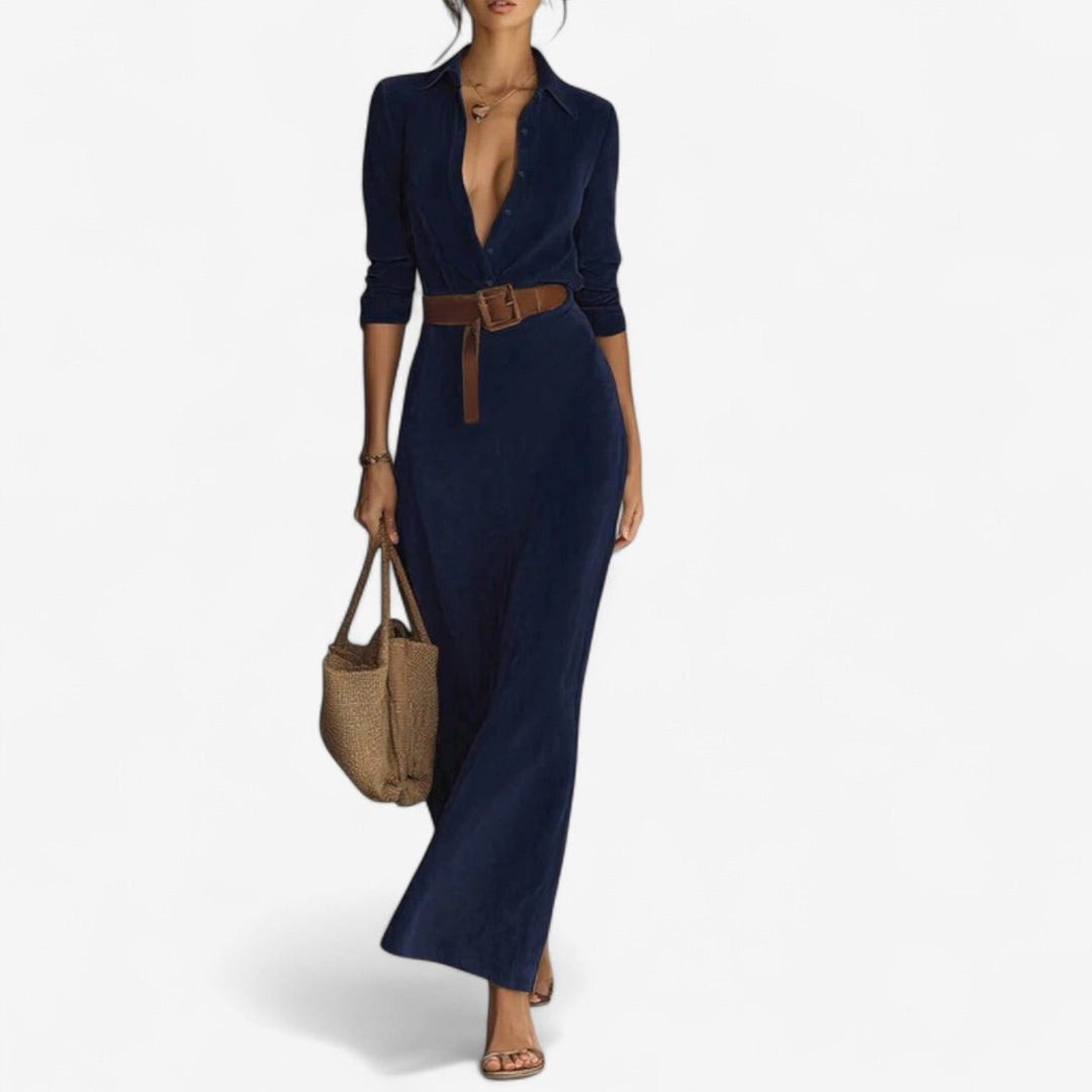Emmanuella Maxi Minimalistisch Kleid für Damen mit V-Ausschnitt und langen Ärmeln