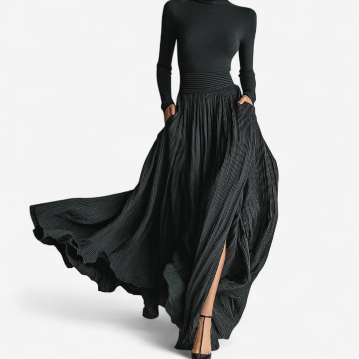 Aline Maxi Hohe Taille Kleid für Damen mit Rollkragen und langen Ärmeln