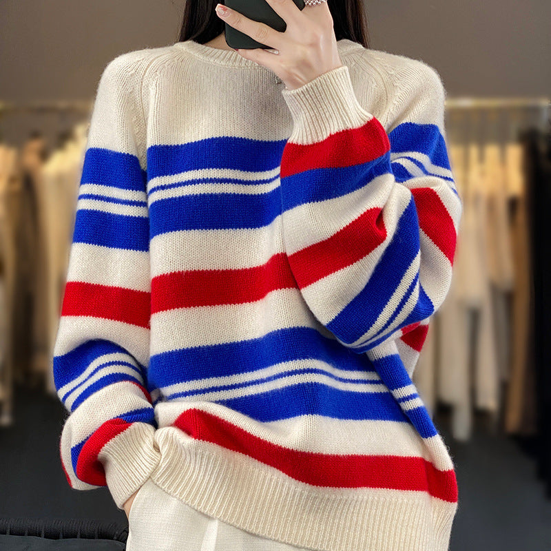 Damen Oversized Pullover mit Streifen und Rundhalsausschnitt