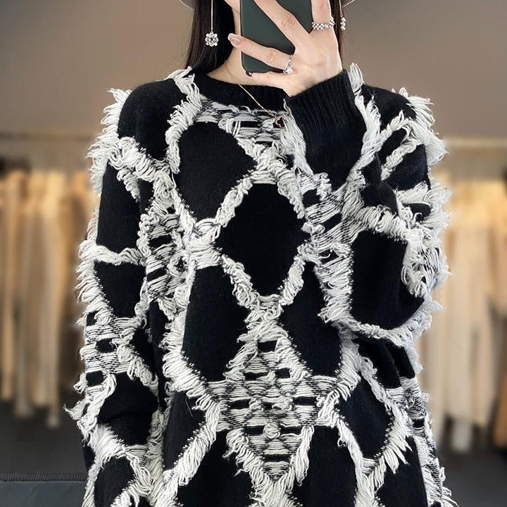 Damen Oversized Pullover mit Fransen und Rundhalsausschnitt