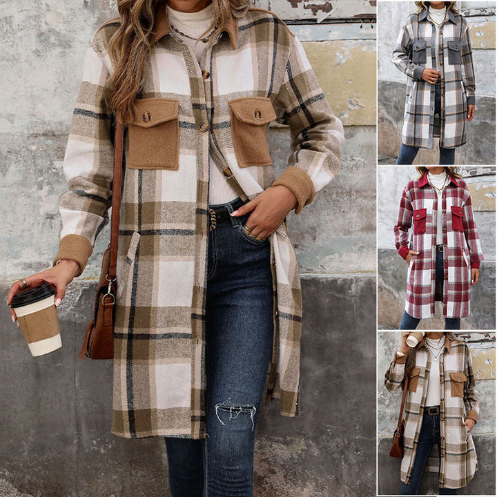 Damen Langarm-Hemdjacke mit Karomuster, Taschen und Knöpfen