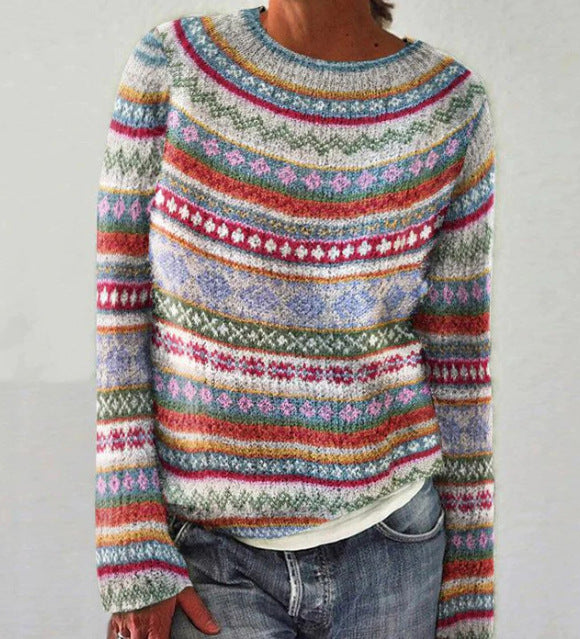 Retro Damen Strickpullover mit Rundhalsausschnitt und langen Ärmeln