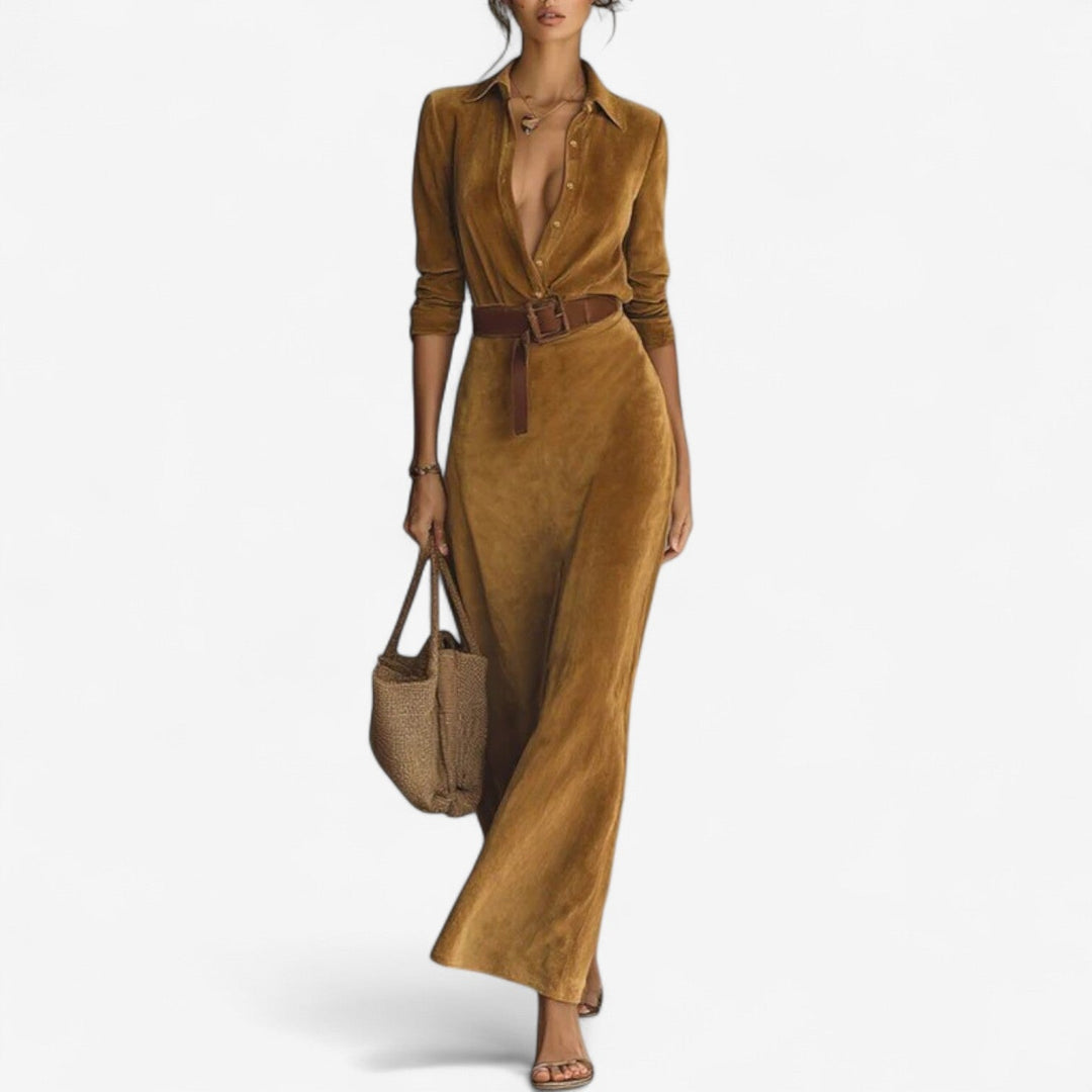 Emmanuella Maxi Minimalistisch Kleid für Damen mit V-Ausschnitt und langen Ärmeln