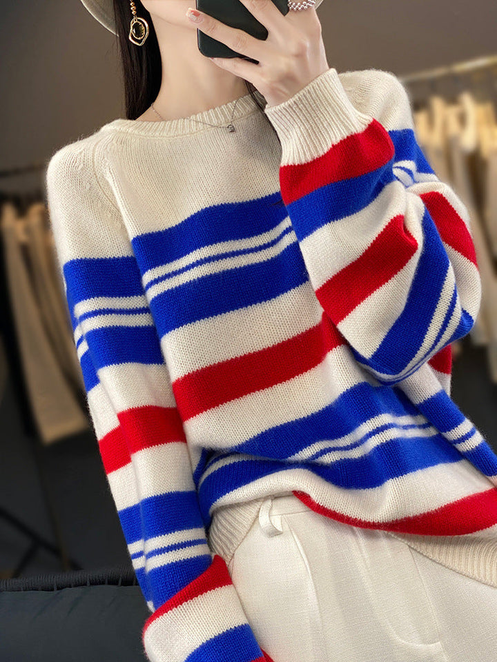 Damen Oversized Pullover mit Streifen und Rundhalsausschnitt