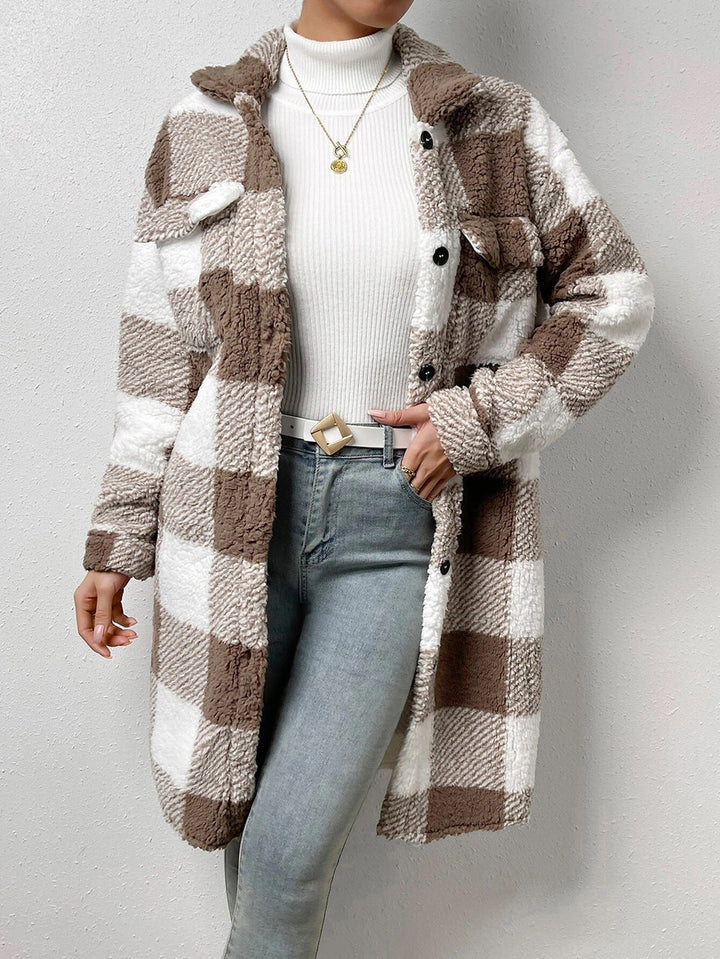 Damen Karo-Langmantel mit Taschen