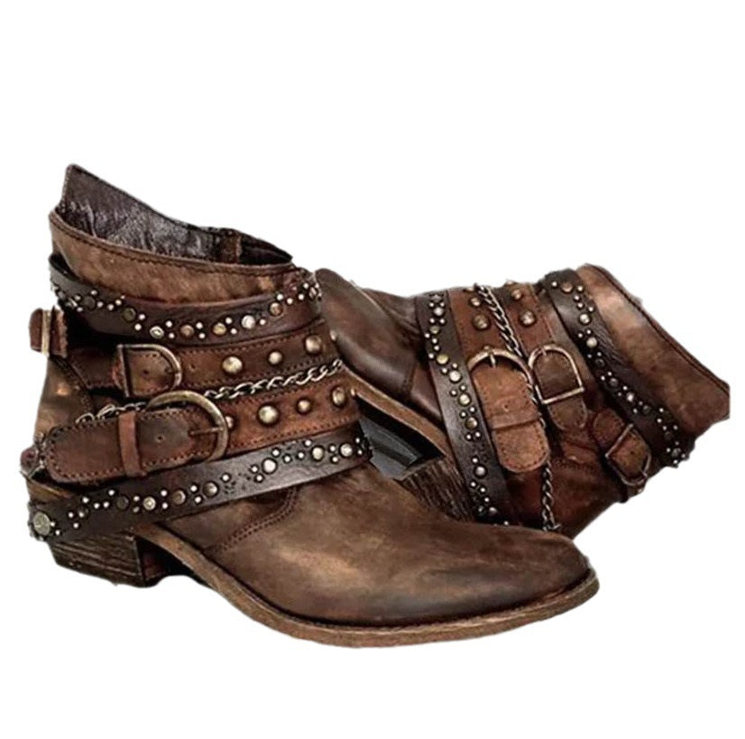 Damen Western Stiefel mit Schnallenriemen, Ketten und Blockabsatz
