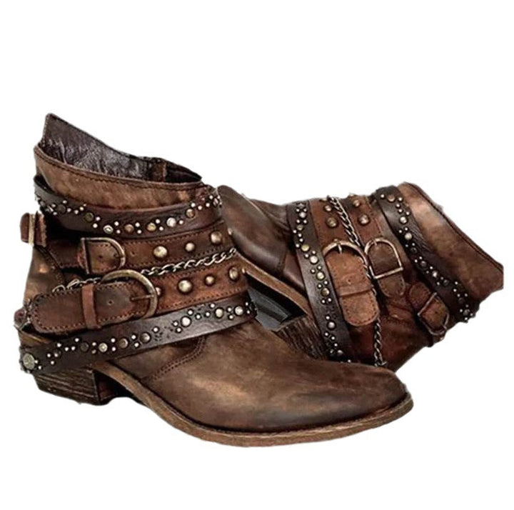 Damen Western Stiefel mit Schnallenriemen, Ketten und Blockabsatz