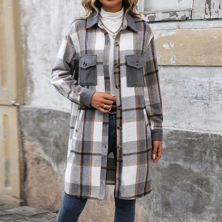 Damen Langarm-Hemdjacke mit Karomuster, Taschen und Knöpfen