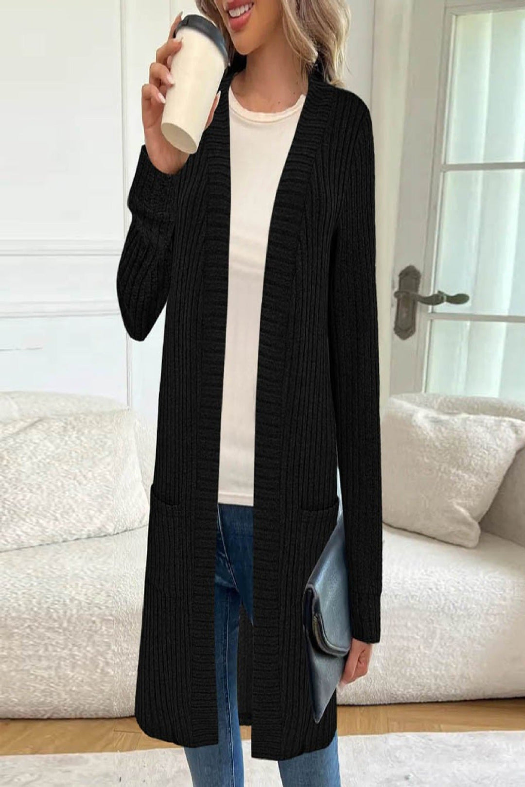Damen Langarm-Cardigan Longline mit Taschen