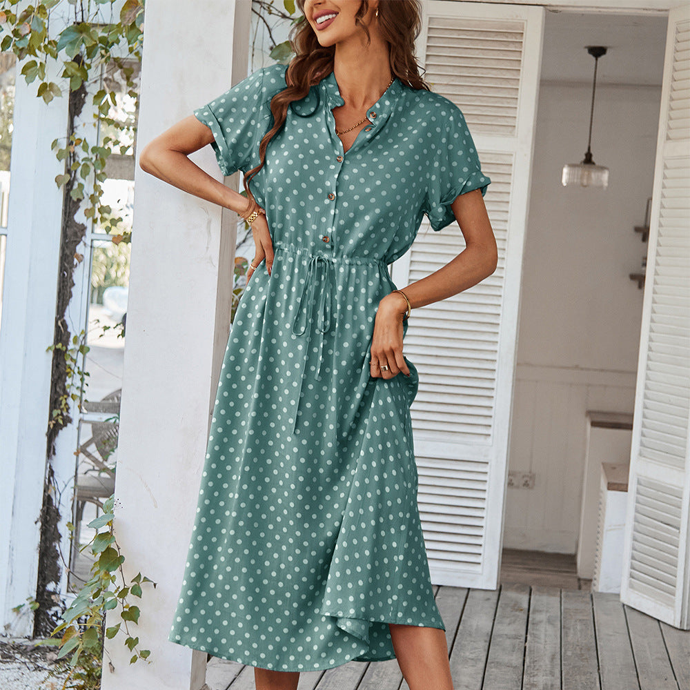 Damen Midikleid mit Punktemuster, Knöpfen und Bindegürtel