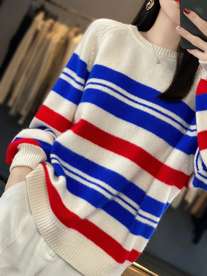 Damen Oversized Pullover mit Streifen und Rundhalsausschnitt