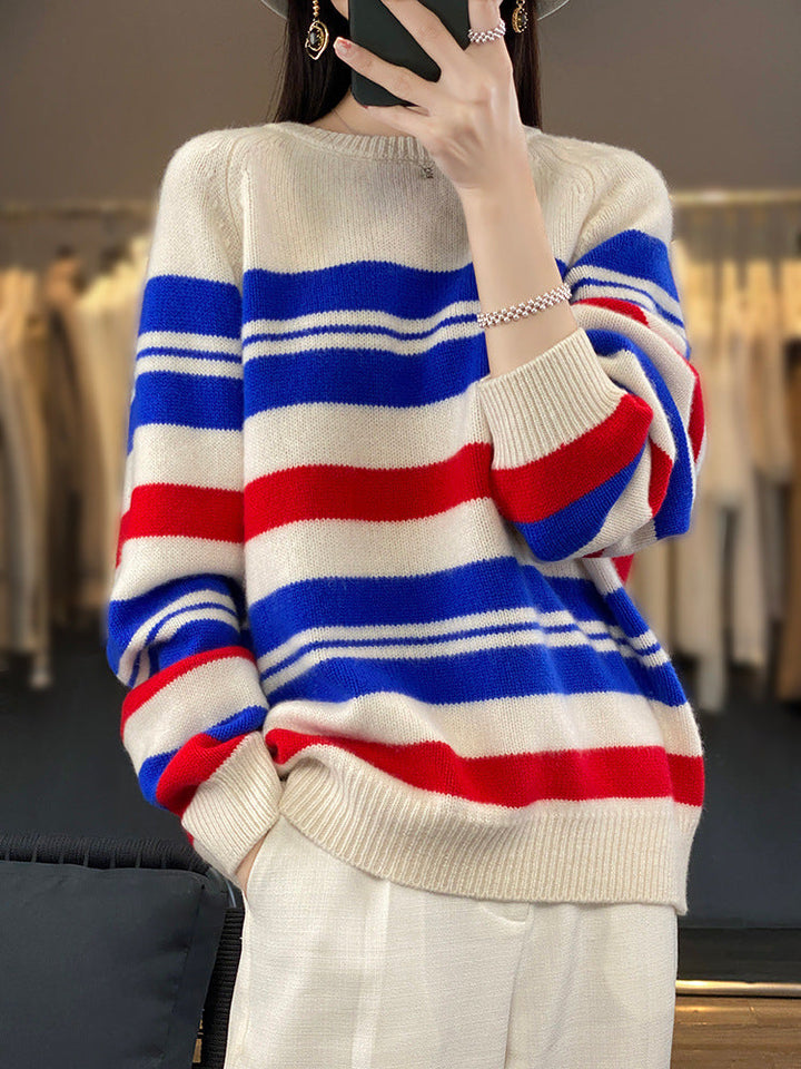 Damen Oversized Pullover mit Streifen und Rundhalsausschnitt