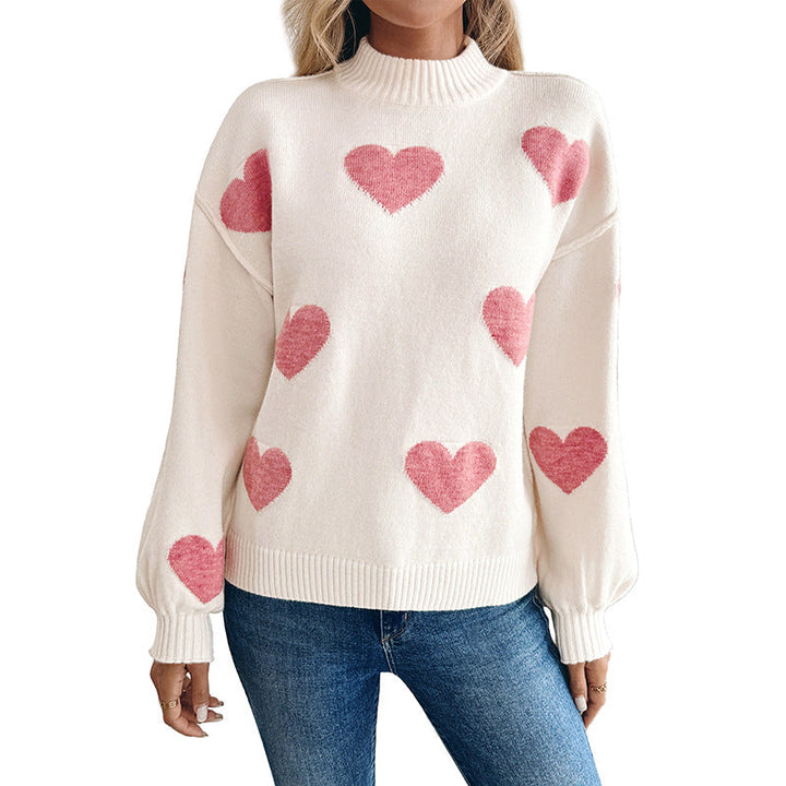 Damen Pullover mit Stehkragen und großen Herz-Intarsien