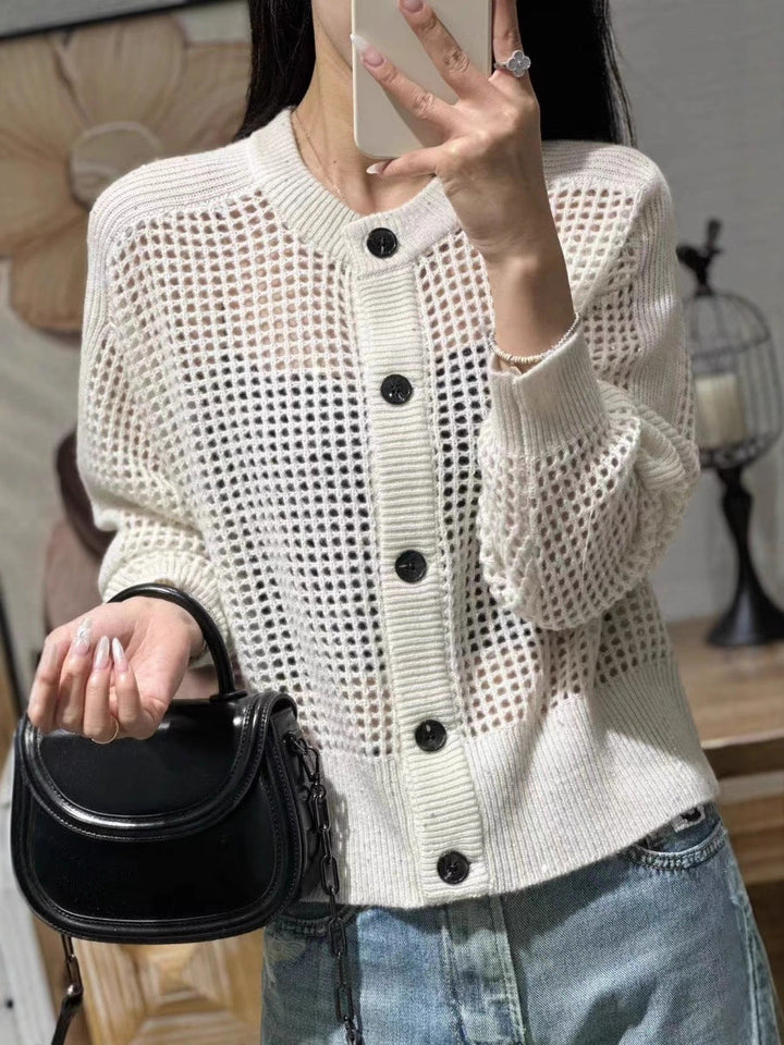 Damen Mesh-Cardigan mit Knopfleiste, Rundhalsausschnitt und langen Ärmeln