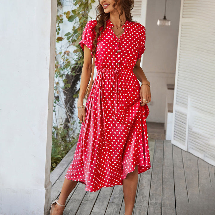 Damen Midikleid mit Punktemuster, Knöpfen und Bindegürtel