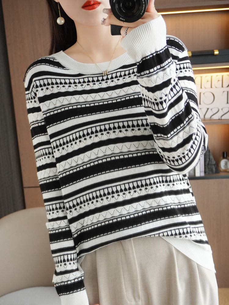 Damen Pullover mit Streifen und Rundhalsausschnitt